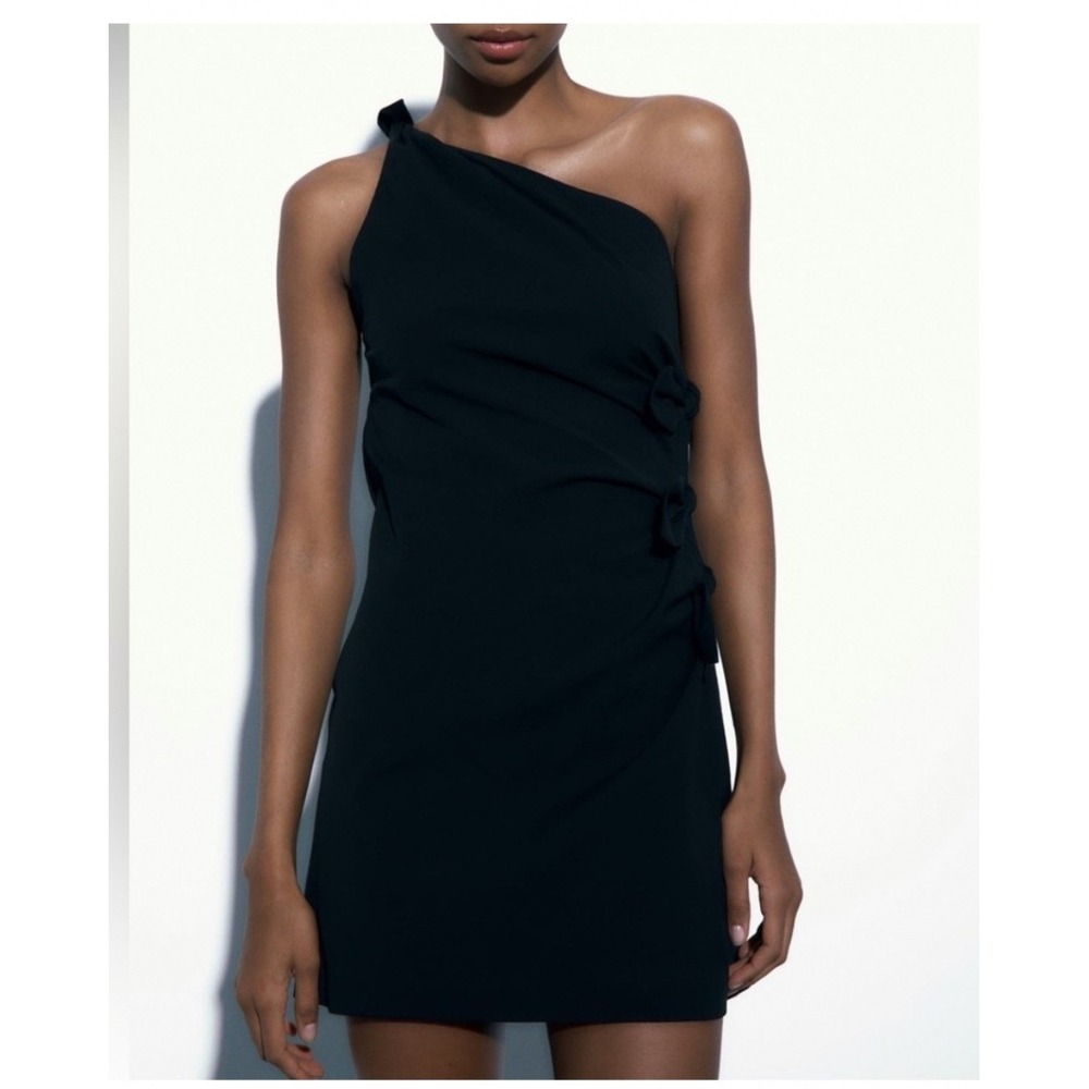 Zara Black One Shoulder Mini Dress Side Bow Cutout Asymmetric Small LBD Minimal